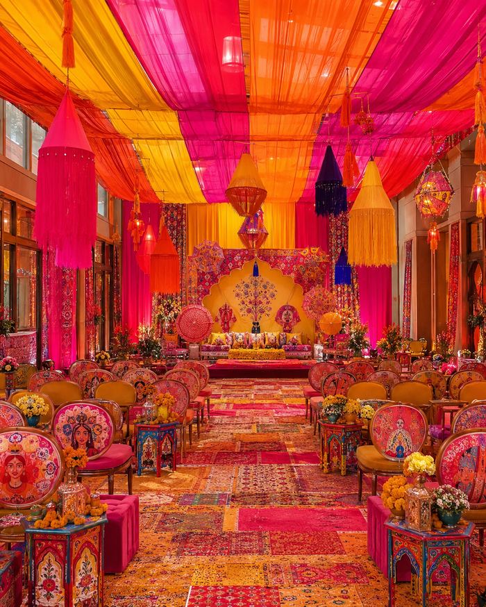 Haldi decor reference with festive folk colours and handcrafted accents