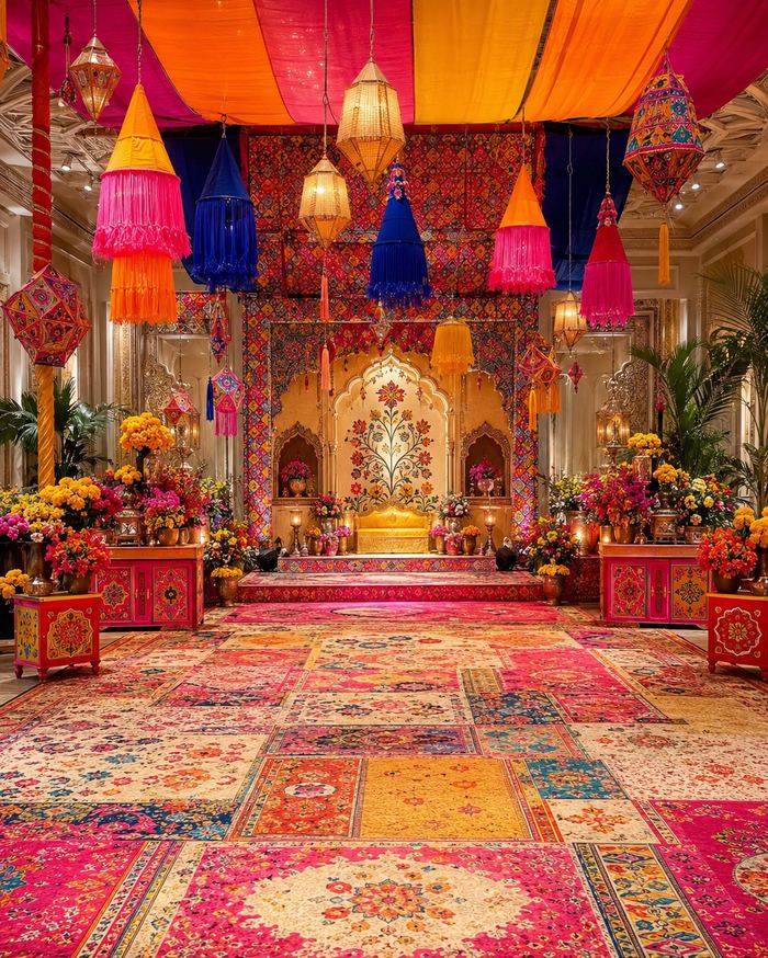 Haldi decor reference with traditional Rajasthani seating and floral details