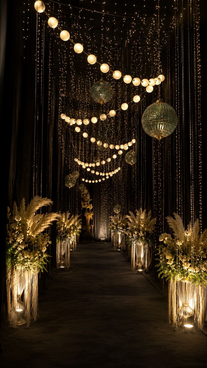 Sangeet decor reference with floral installation and glowing pathway