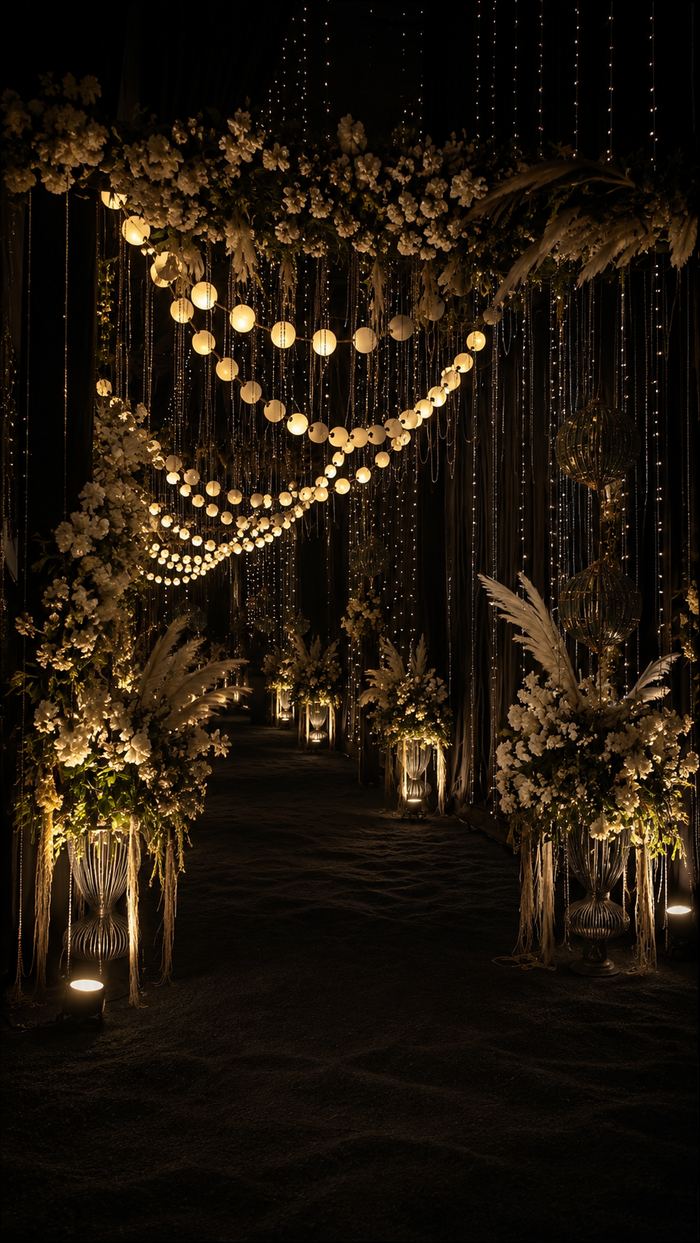 Sangeet decor reference with sculptural accents in gold and ivory
